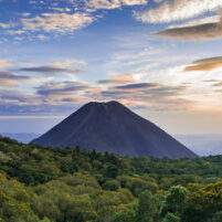 A volcano with beautiful clouds around it in El Salvador, Central America